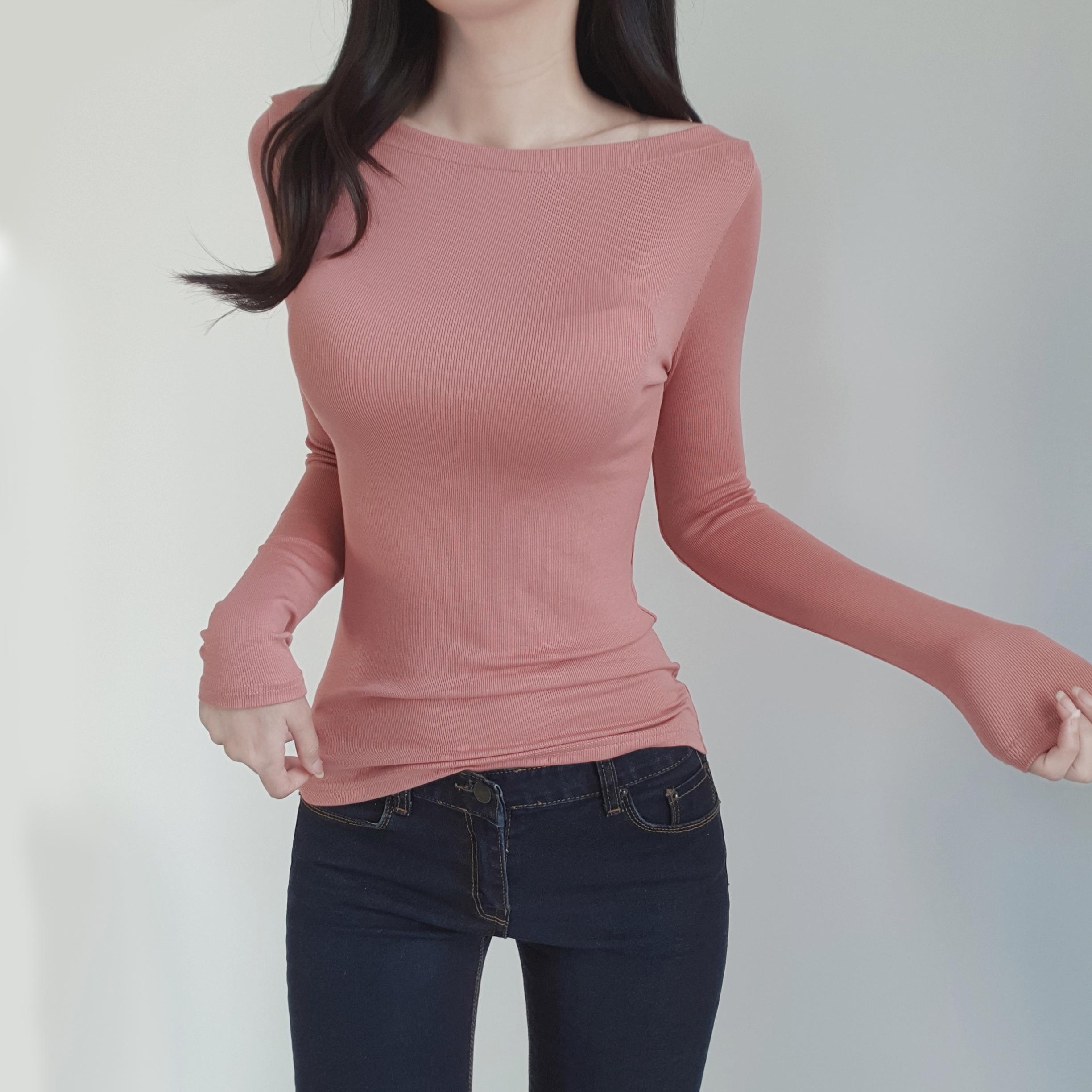 リップネック リブ レディース 長袖 スリムTシャツ
