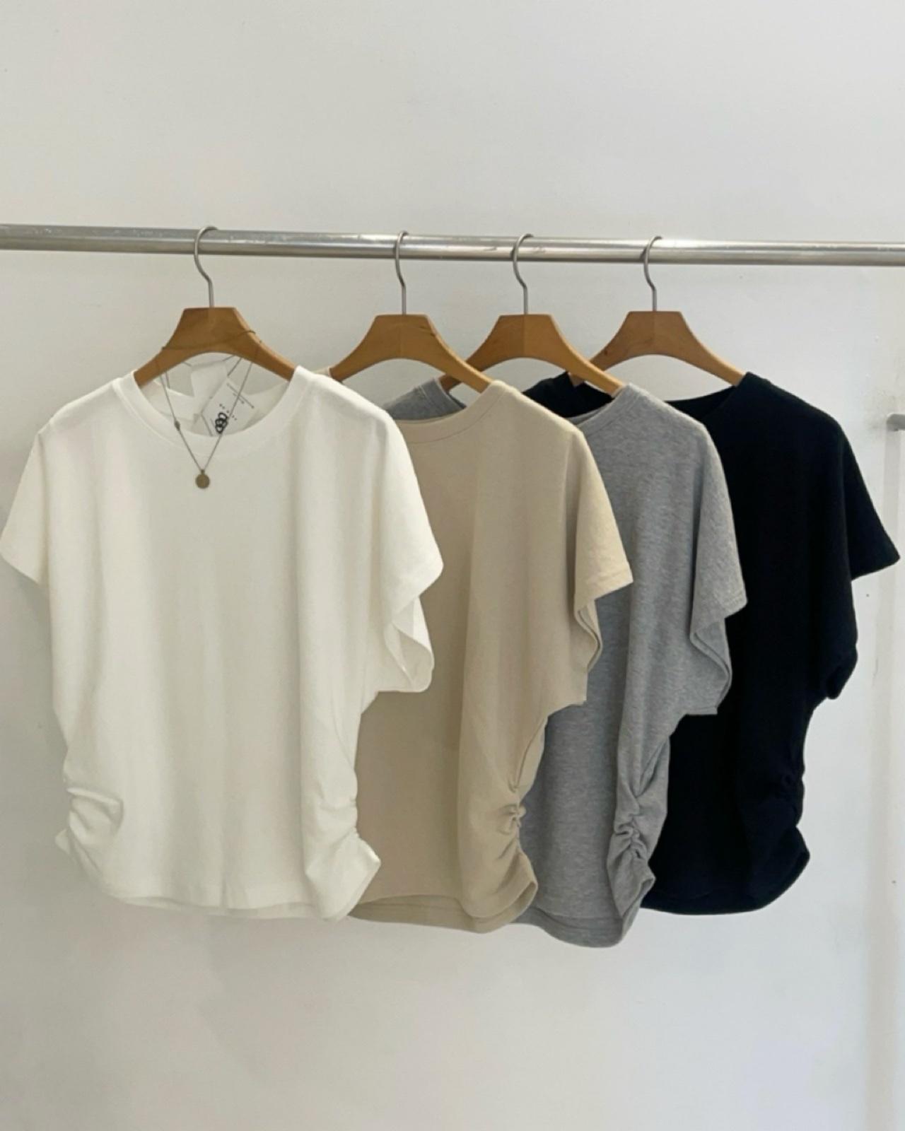 サイドギャザー半袖Tシャツ レディースギャザー トップス 上質ベーシックT 夏 ラウンド