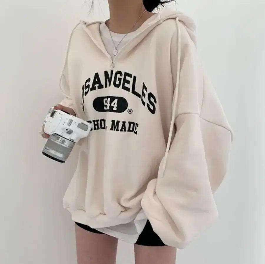 レタリング ハーフジップ オーバーフィット フードTシャツ レディース トップス ジッパー ルーズフィット