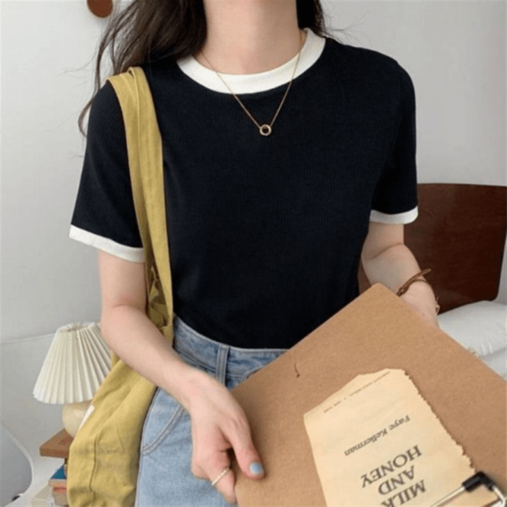 ラウンド カラーブロック 半袖Tシャツ 春 夏 デイリーTシャツ レディース トップス