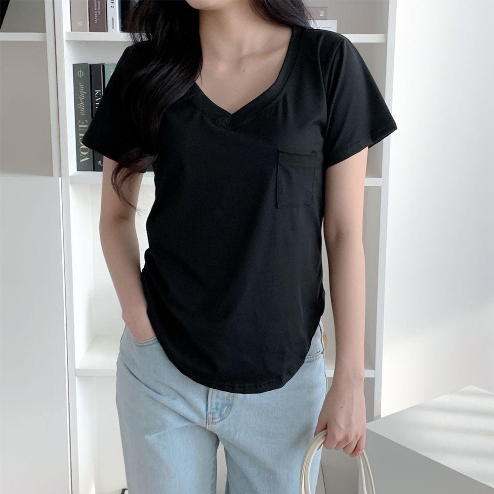 Vネック ポケット Tシャツ レディース ベーシック 無地 コットンTシャツ 夏 Tシャツ