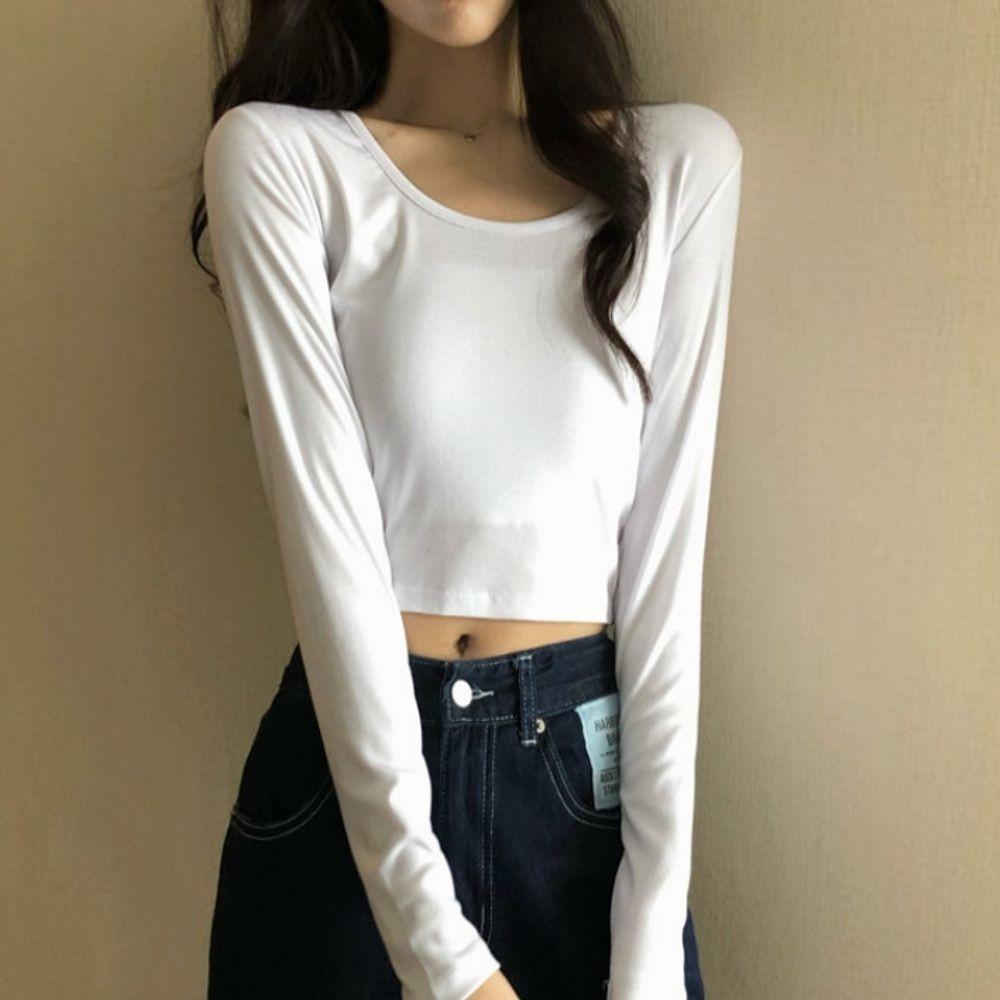 ベーシック レディース Tシャツ セミクロップドTシャツ レディース トップス 長袖 Tシャツ