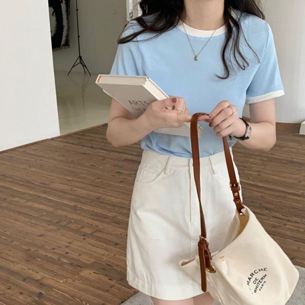 ラウンドネック 配色 Tシャツ 春 夏 デイリー Tシャツ レディース トップス