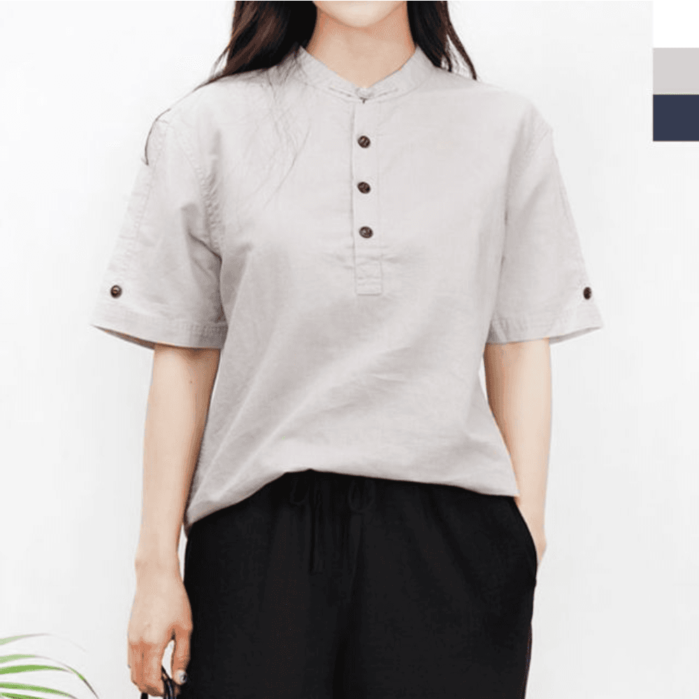 レディースTシャツ レディーストップス リネン レディース チャイナ・ヘンリーネック 半袖Tシャツ