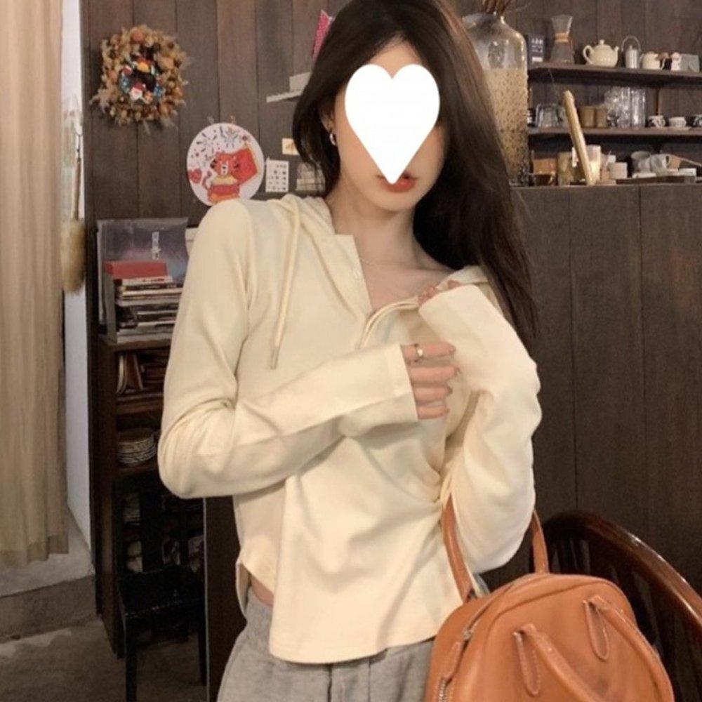 BrtWM レディーストップス デイリールック 季節の変わり目服 フーディーTシャツ レディース 長袖 ボタン フーディーT