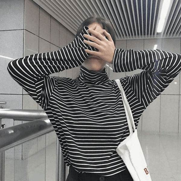 レディース 薄手 トップス 長袖Tシャツ タートルネック ストライプ ロングスリーブ