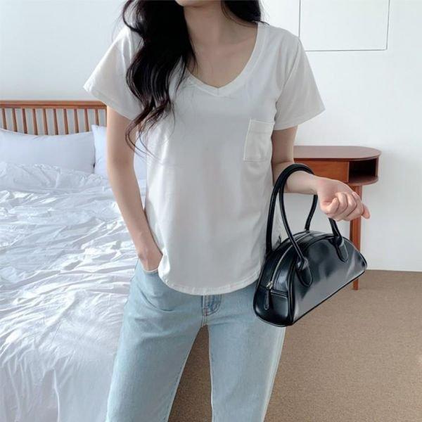 レディース 夏 トップス Vネック 無地 ポケット スパン 半袖 Tシャツ