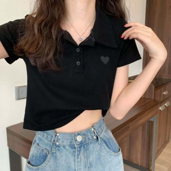 4カラー半袖襟付き夏Tシャツ クロップド丈 レディース 刺繍トップス WFKBWV2