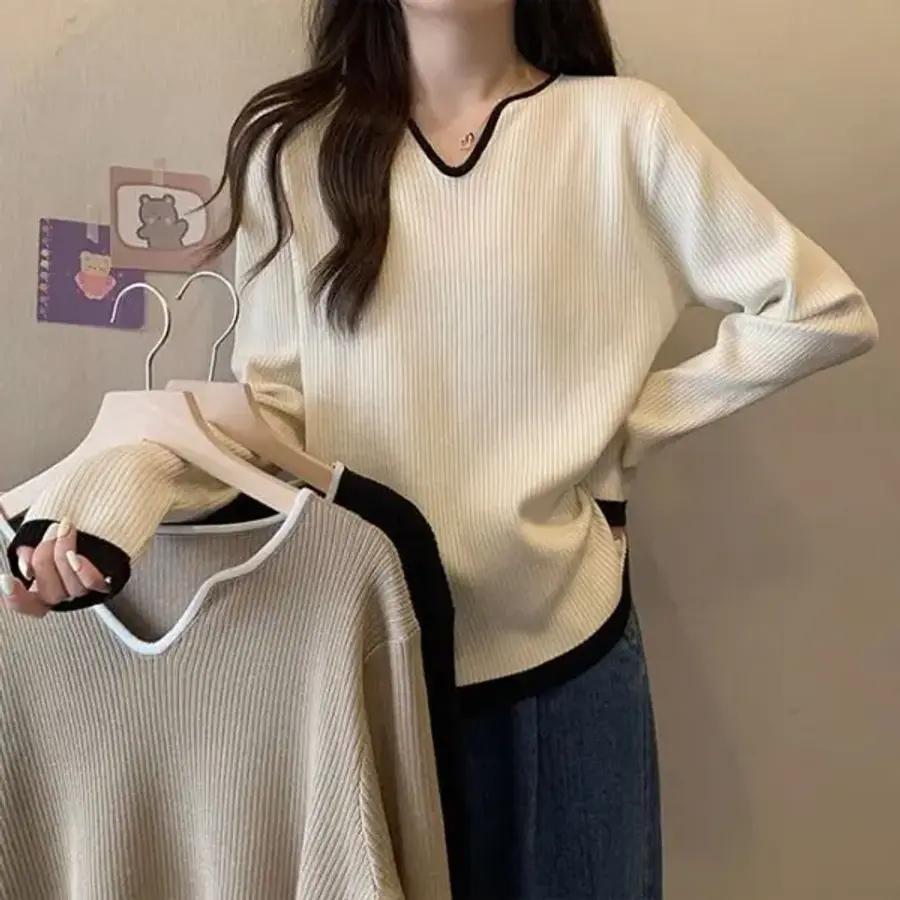 ウンチャン ソフト (은창 소프트) 華奢 Vネック 揺れ感Tシャツ 夏 トップス 春 秋 長袖 季節の変わり目 ブラウス シャツ