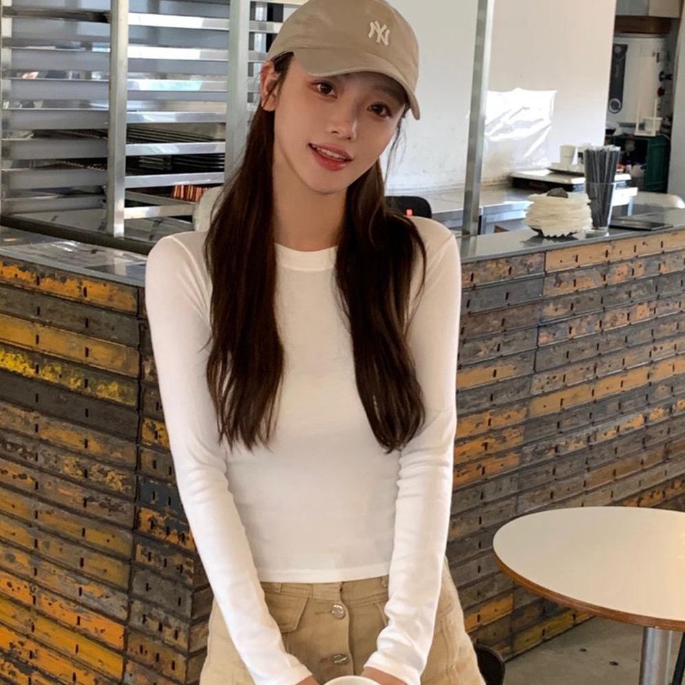 オッジャラク (옷자락) レディース 伸縮性のある白トップス クロップド丈 スパンデックスTシャツ