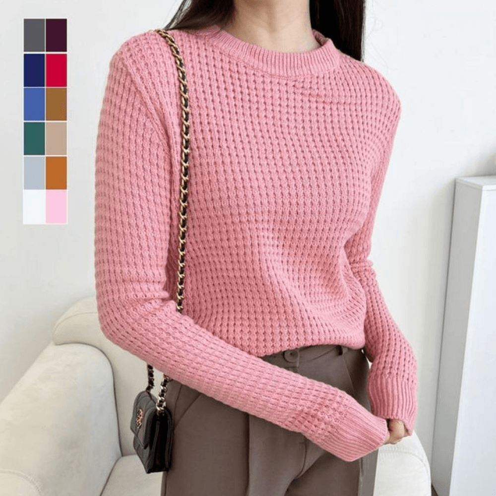 レディース ワッフル編み ラウンドネック 楽ちん レディーストップス ラウンドネックニット WFK6OQS