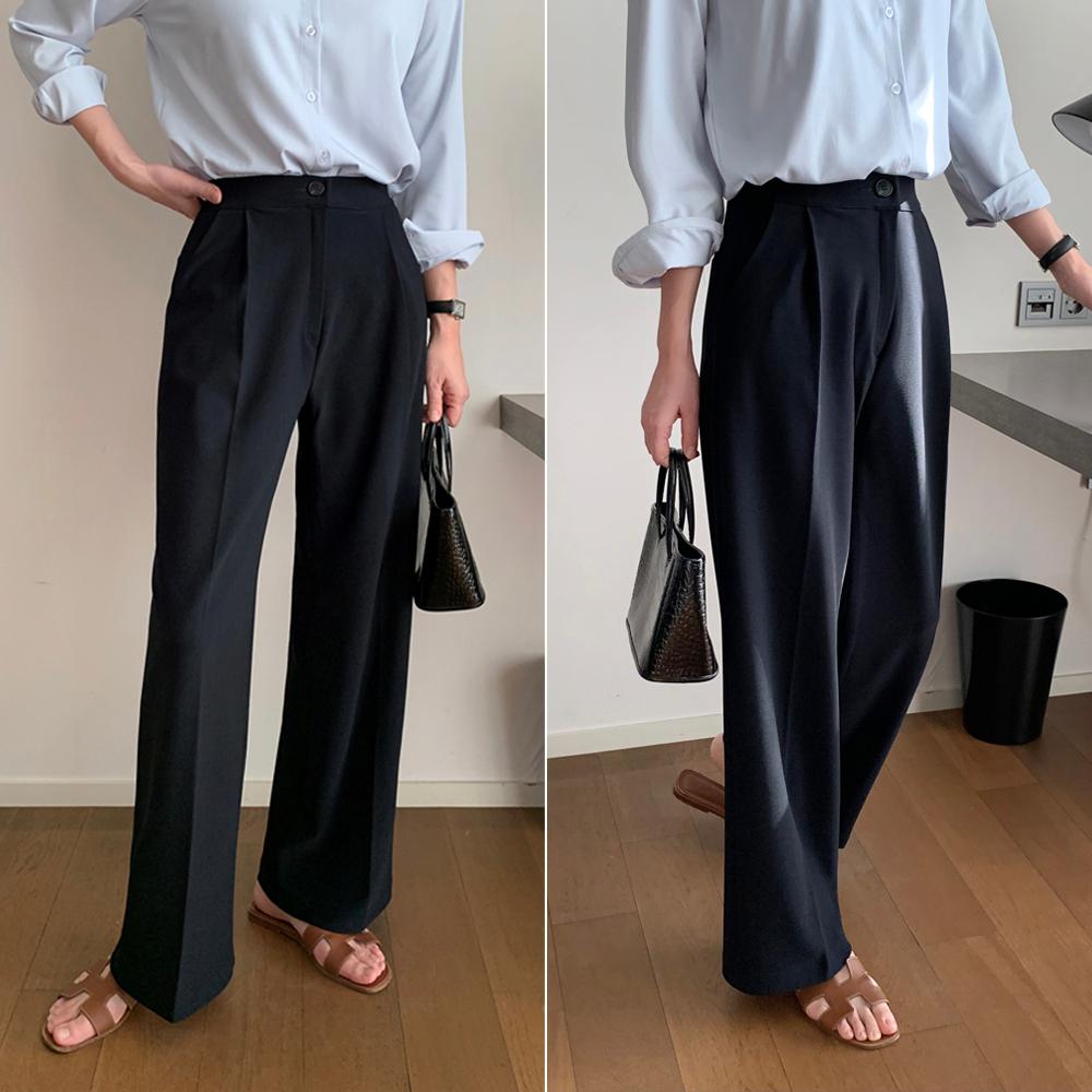 ハイウエスト バンディング ワイドスラックス ピンタック セミバンディング ワイドパンツ レディース スラックス 春 スーツ ワイドパンツ ブラック