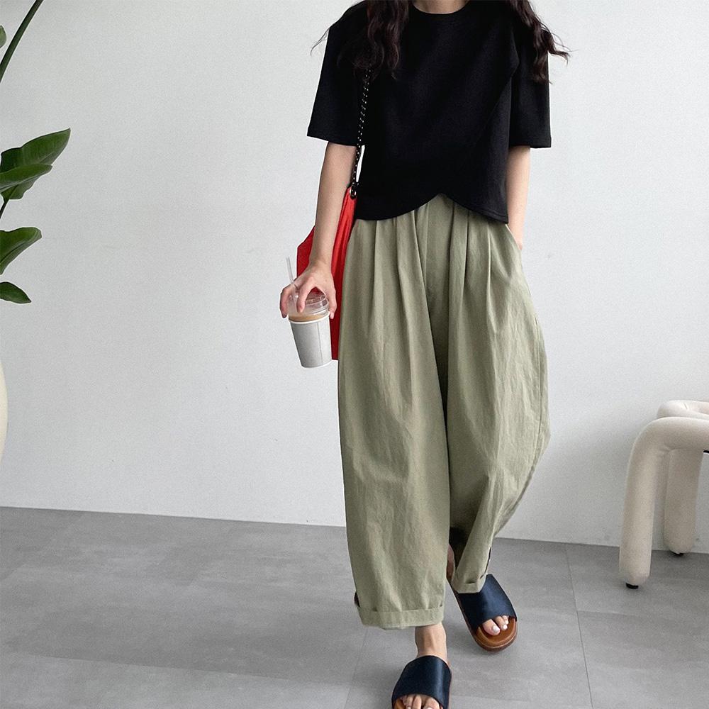 夏 ワイドパンツ バギー センタープレス ワイド パンツ コットン ゴム ウエストゴム 壺パンツ レディース リネンパンツ 멜빈트