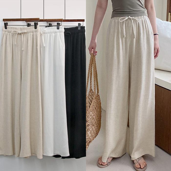 リネンワイドパンツ レディース サルエルパンツ サラサラゴムウエスト セミバ ンドハイウエスト 低身長さん向けパンツ 夏 ワイドパンツ