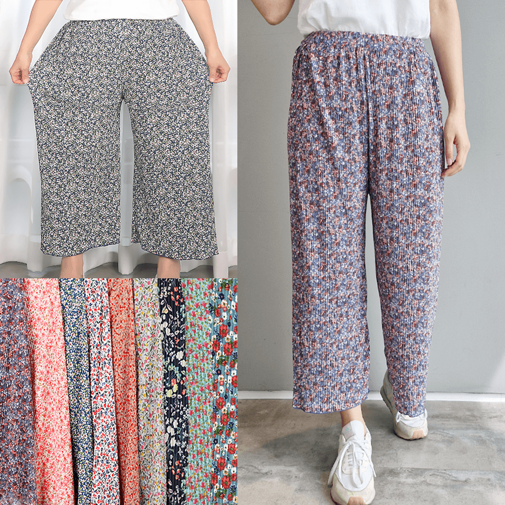 冷蔵庫パンツ プリーツパンツ 花柄 花パンツ ゴムウエスト プリーツバンディング 夏 촌캉스 おばあちゃん風パンツ 8分丈
