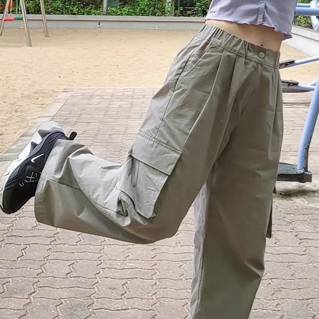 コットン ワイドカーゴパンツ ウエストバンド 低身長さん向け ワイドパンツ ピンタック 秋 カーゴパンツ