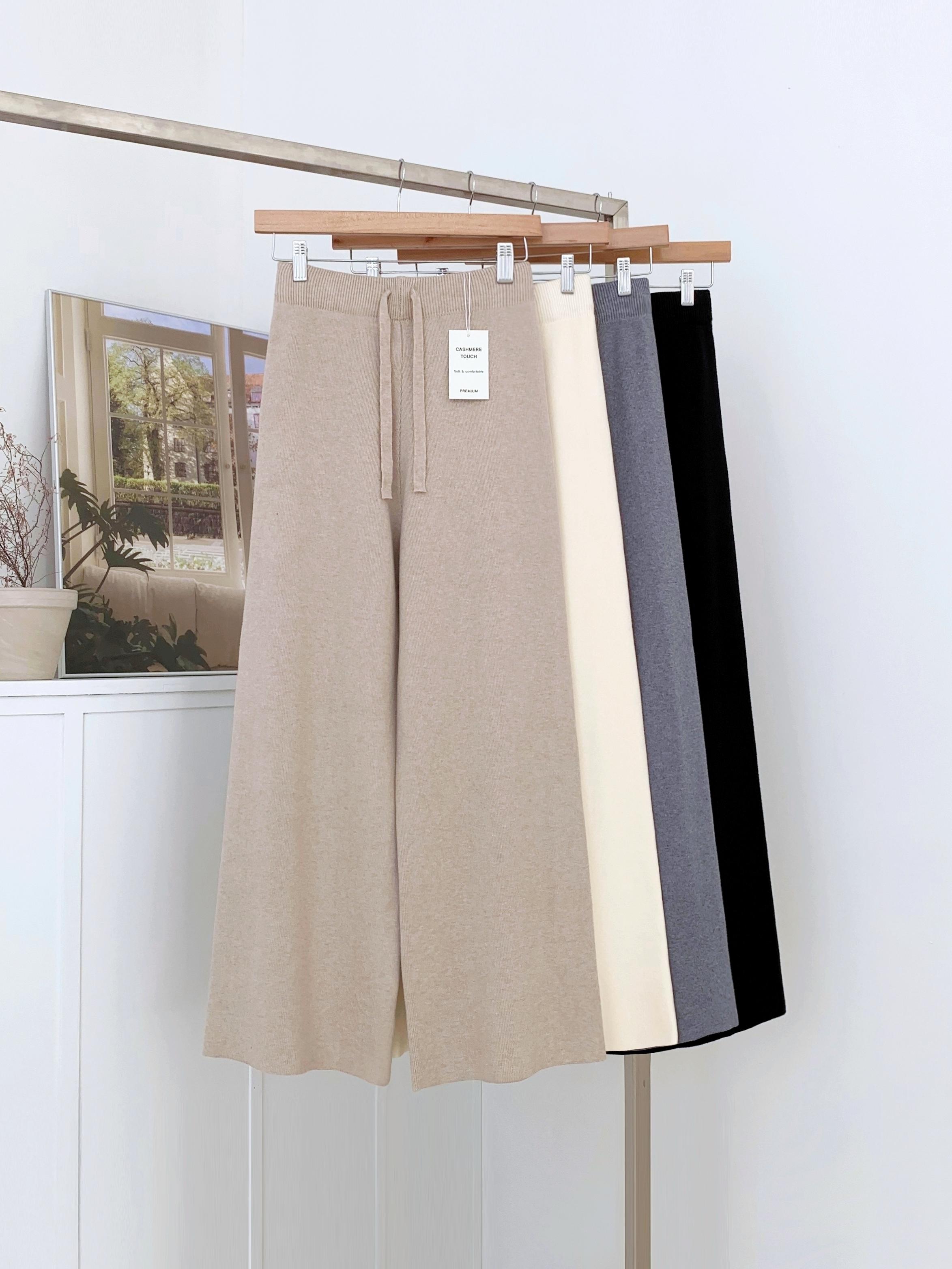 (3つの丈から選べる) カシミアタッチ 冬 ストレート ワイド ウエストバンド レディース ニットパンツ / 暖かいプレミアム糸