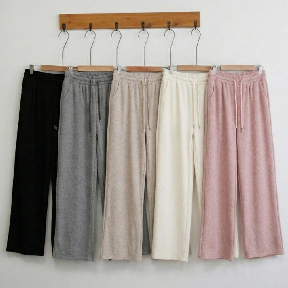 レディース 低身長さん向け ストレートパンツ ニット リブ バンド付きパンツ ワイドパンツ 春 冬 裏起毛 ハイウエストパンツ