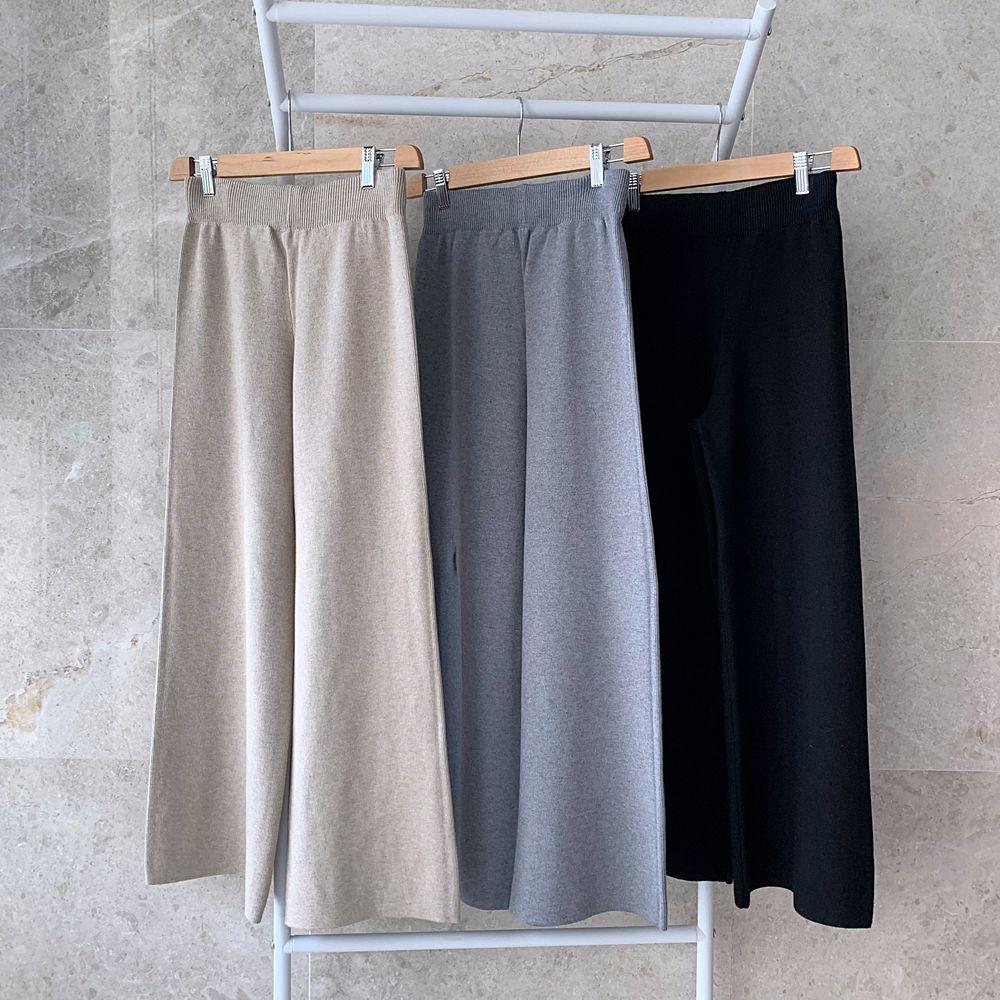 低身長さん向け ニットパンツ ワイド ストレート バンド付きパンツ 冬 リブ レディース