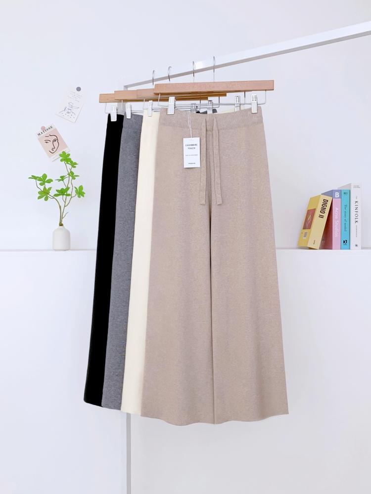 （3丈選択可）キャッシュタッチ 冬用 厚手 楽ちん ワイドストレート レディース ニットパンツ / 低身長さん向け・ビッグサイズ