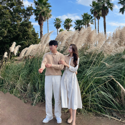 カップルシミラールック ベージュ ストライプ ティアードシャツワンピース 春済州島新婚旅行デートルック