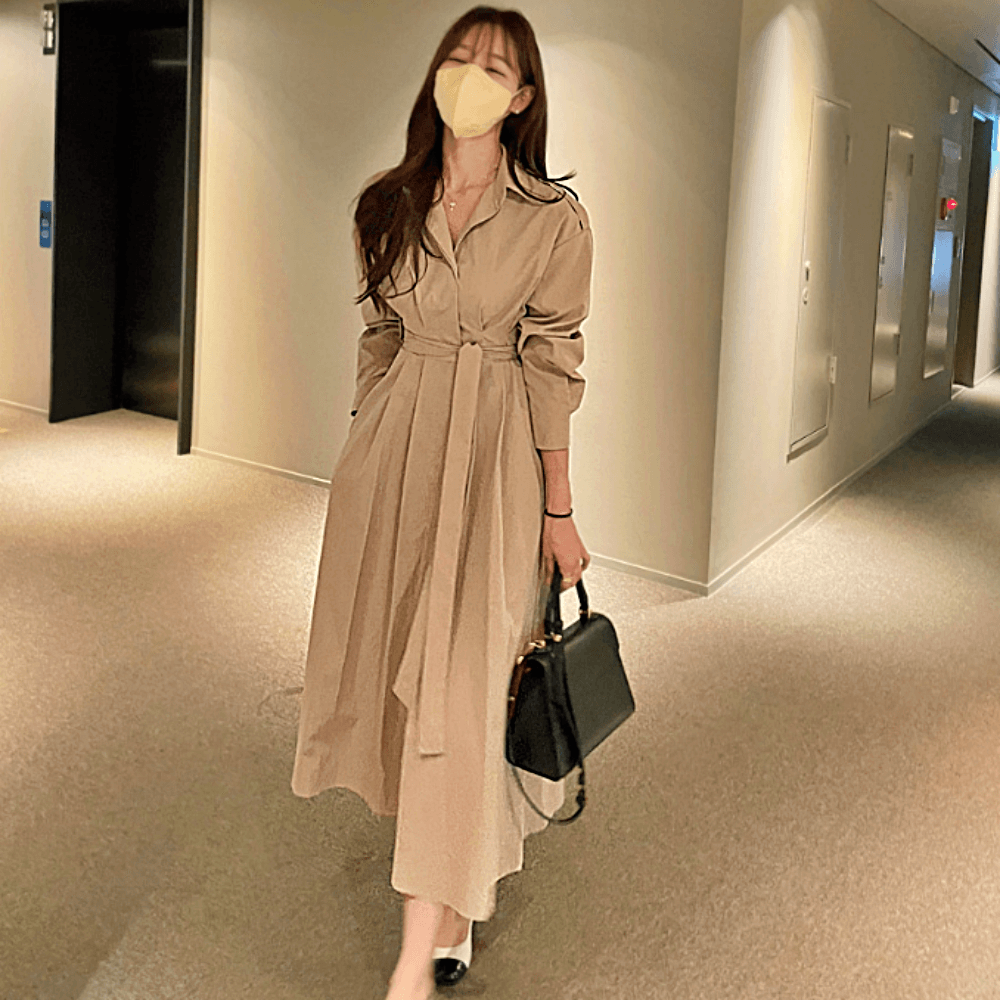ベルトSET カラーシャツ トレンチ プリーツ ドレープ ポケット フレア ロングワンピース