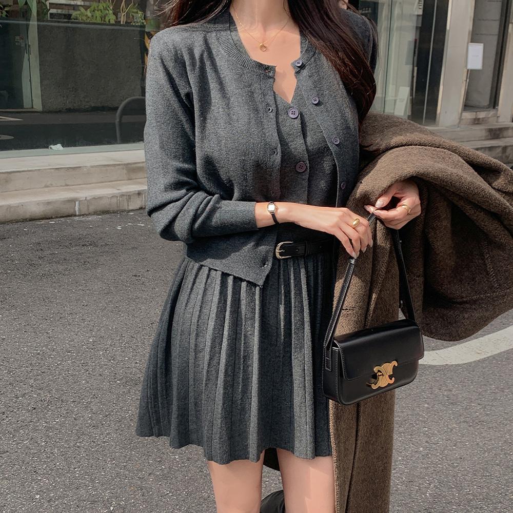 フェミニンルック ニット キャミソール プリーツ ミニ ワンピース カーディガン ベルト 2ピース セット