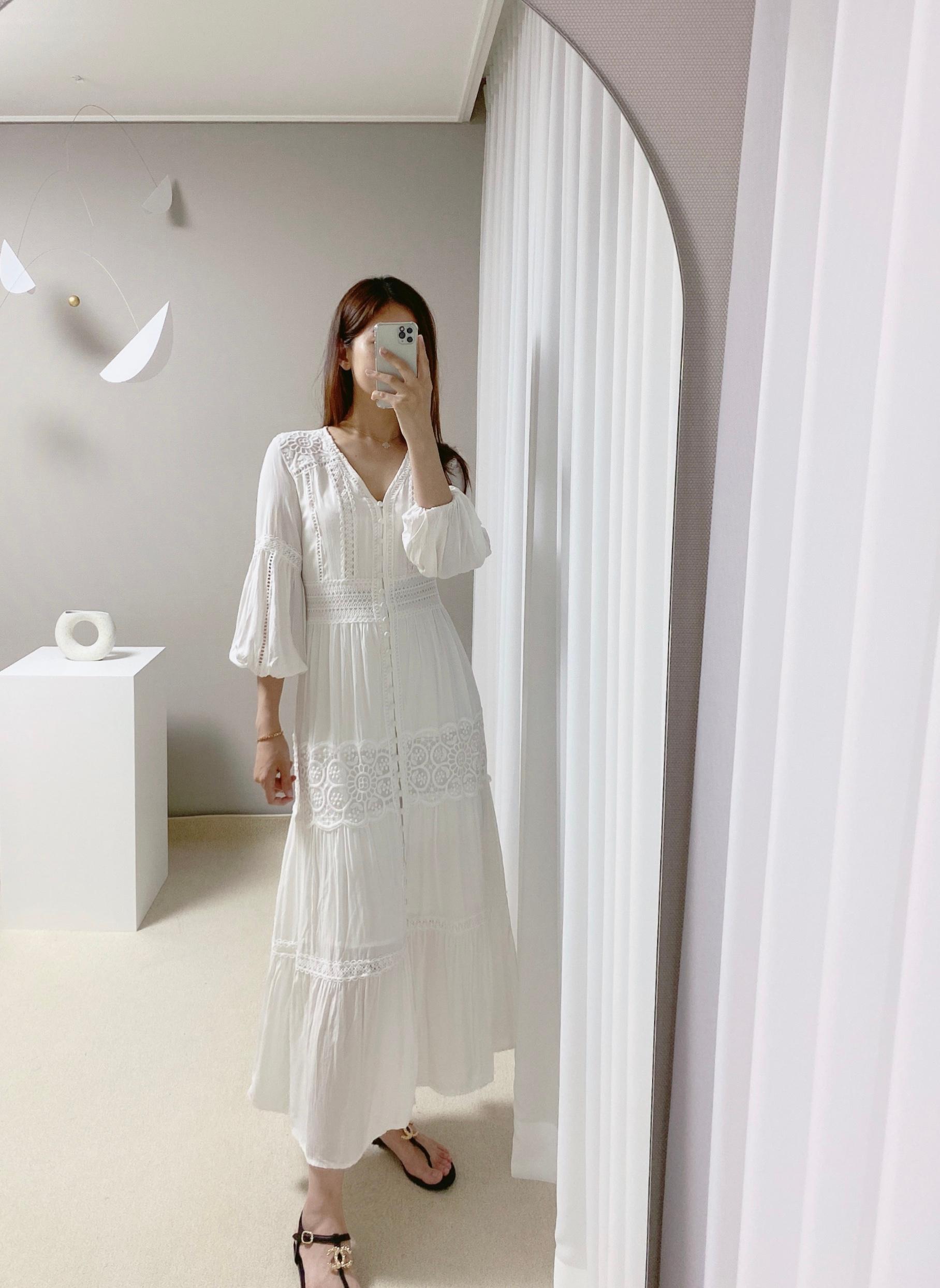 [디어리나] インポート ホワイト 刺繍 ロング マキシ ワンピース アイレットワンピース XXLサイズ追加