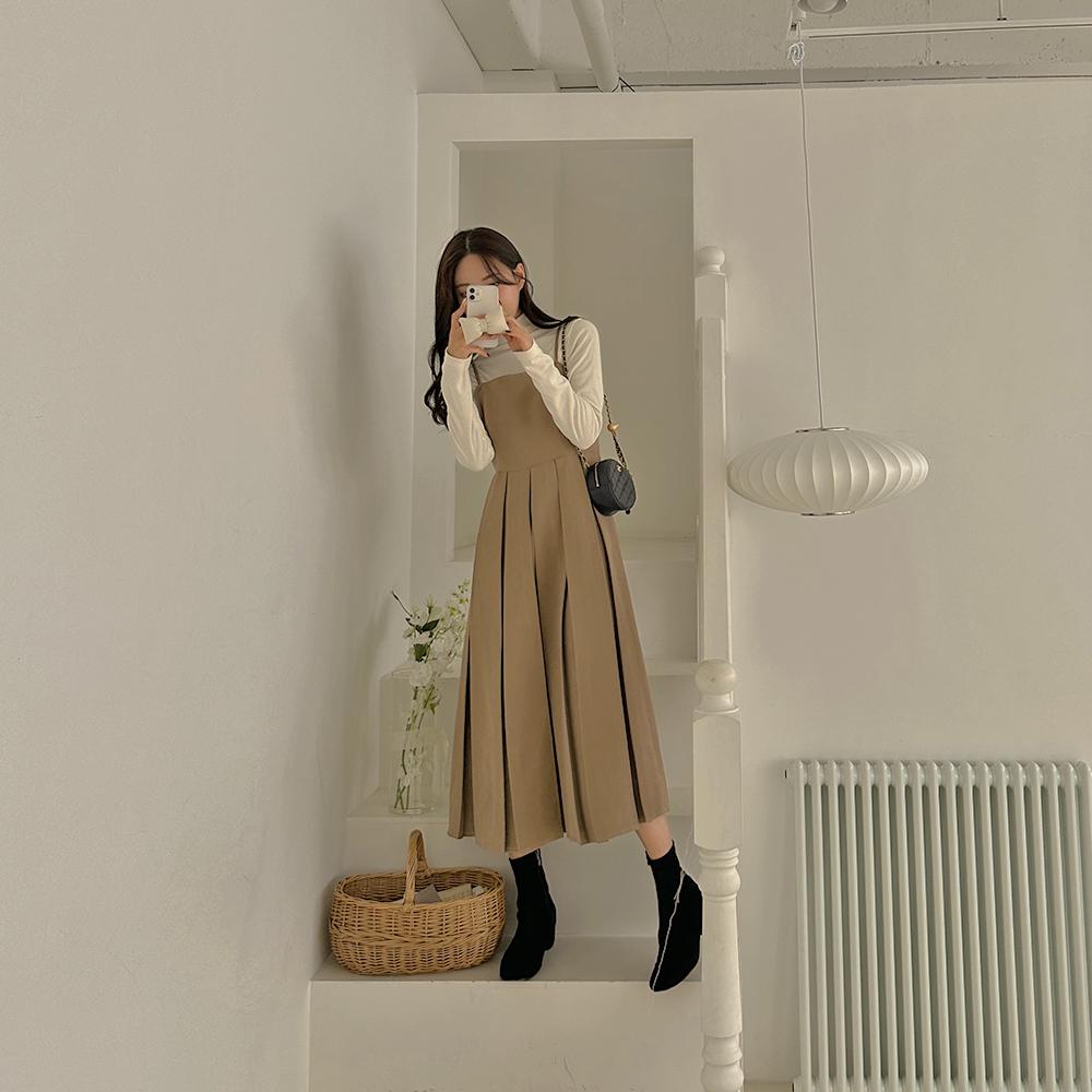 【肩紐調節】 포레스니 ピーチ起毛 ビスチェ プリーツ ロングワンピース [44-120]