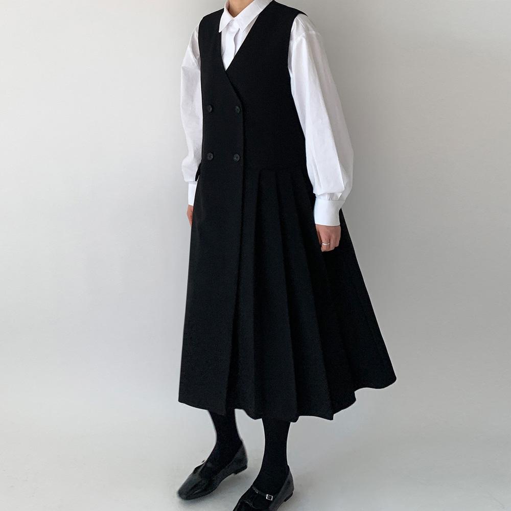 ハーフ ダブルボタン ベストワンピース（結婚式お呼ばれ、通勤、デート、ブラックワンピース）XLサイズ追加