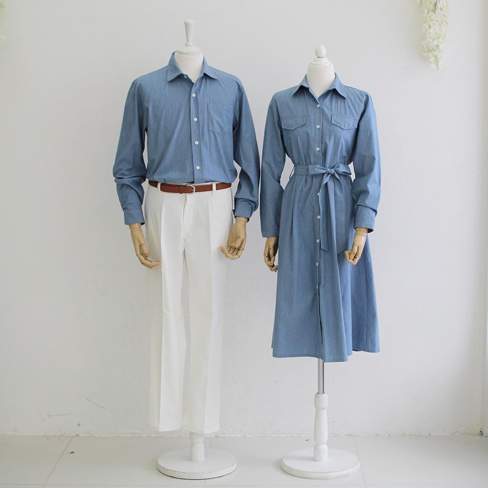 スカイデニムワンピース ウェディングフォト カップルコーデ、空港シミラーック、デニムワンピース、大きいサイズシャツ、ドレスベル