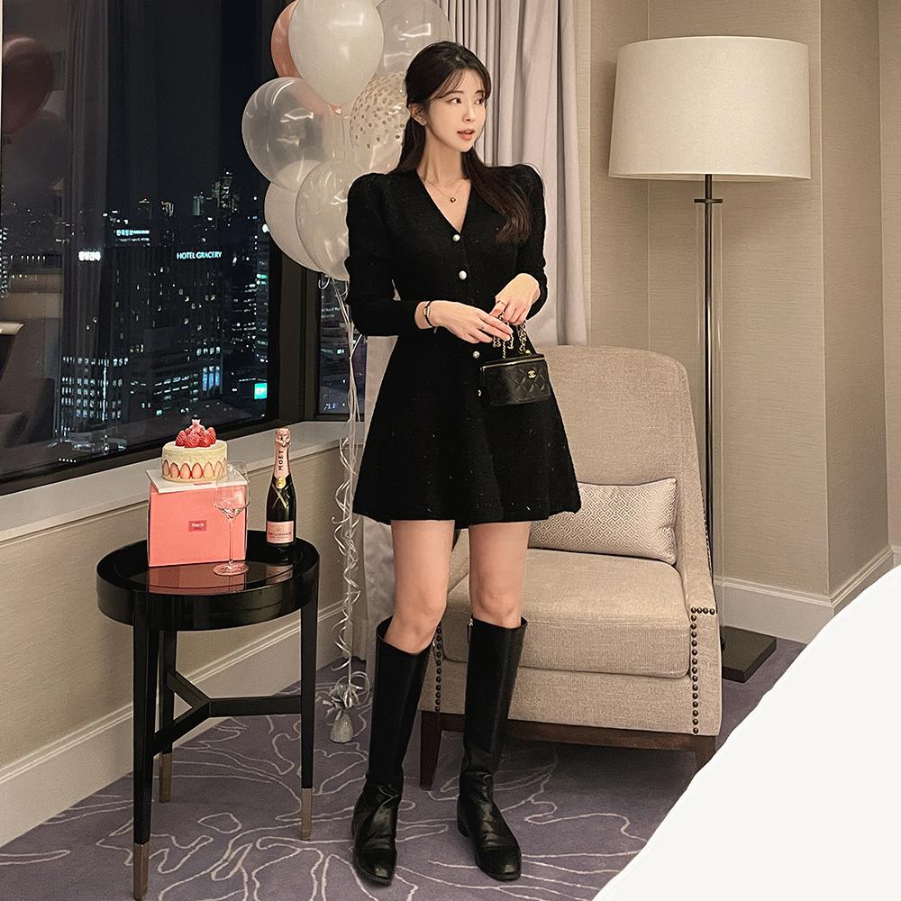 結婚式お呼ばれ Vネック パールボタン フレアミニワンピース