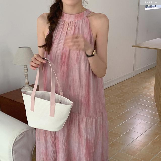 セカンド ホルター ノースリーブ マキシ ルーズフィット ロングワンピース 1col 夏 エンボス プリーツ バックリボン カンカン JAYFLOW