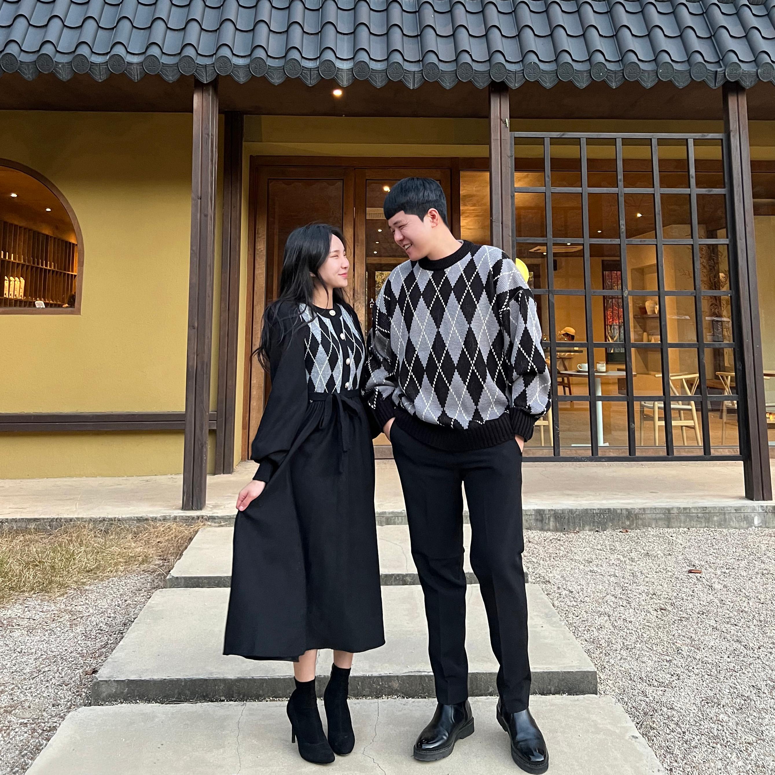 [本日出荷] アーガイル ロング ワンピース 低身長女子 春 秋 冬 カップル シミラールック コーディネート 年末ルック クリスマス 結婚式ゲスト