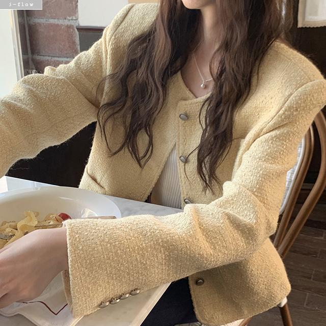 シャーベット ラウンド 銀ボタン ツイード ジャケット 2色 秋 春 ルーズフィット ノーカラー ポケット ハガク (フォーマル) ジェイフロー