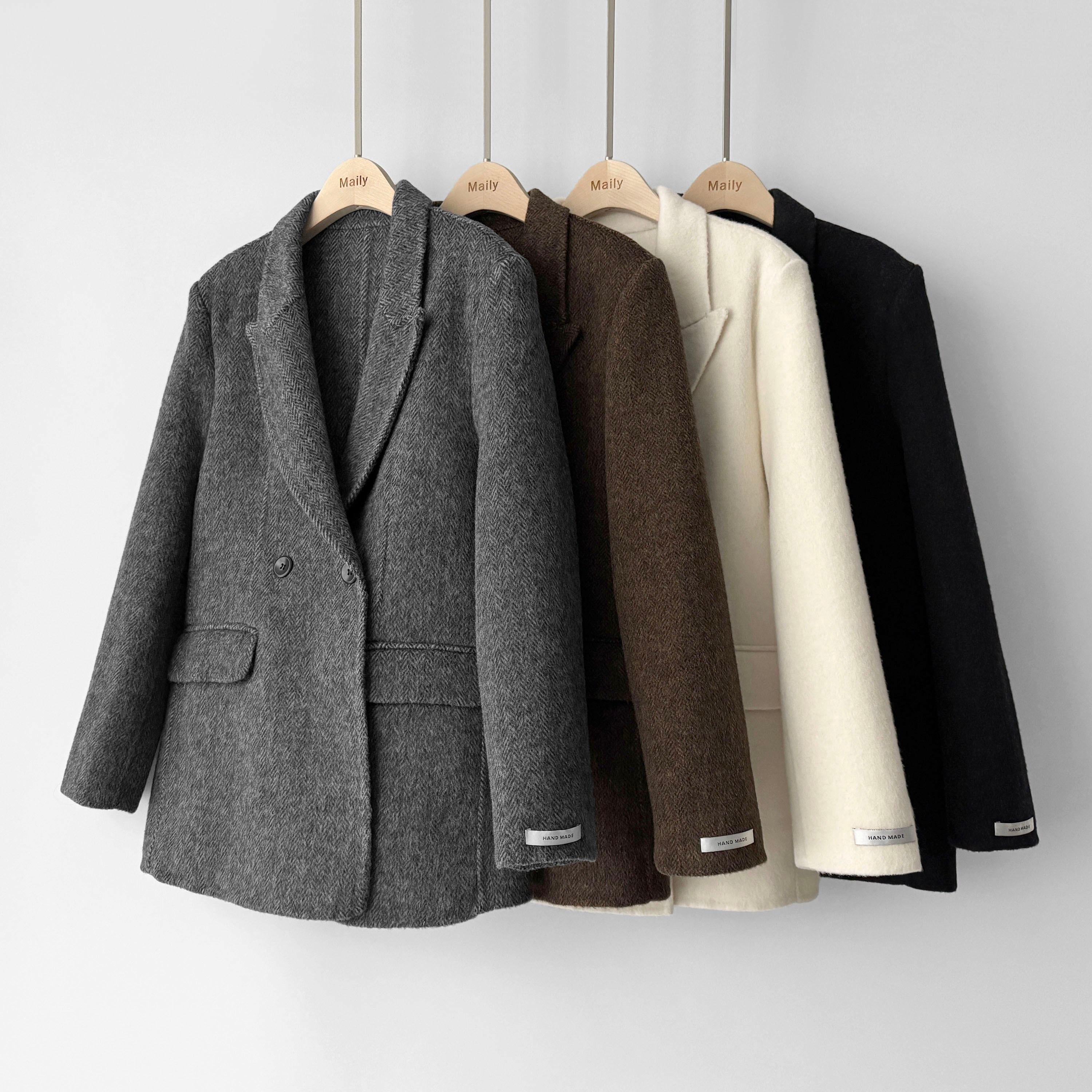 Mailin ハンドメイド ハーフ ヘリンボーン ウール ダブル仕様 ゲスト用 冬 レディース ロングジャケット / ショートコート