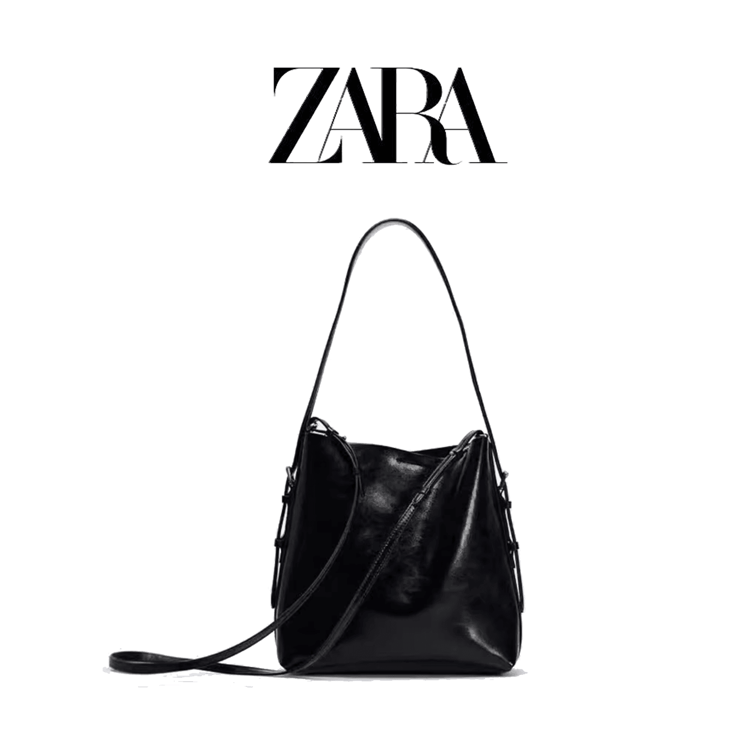 ZARA (ザラ) バッグ レディース クロス ショルダーバッグ ダブルストラップ レザー バケットバッグ ホーボーバッグ ブラック