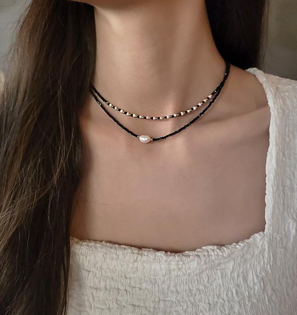 ブラック 淡水パール シンプル ミニビーズ チョーカー ネックレス 2type 400