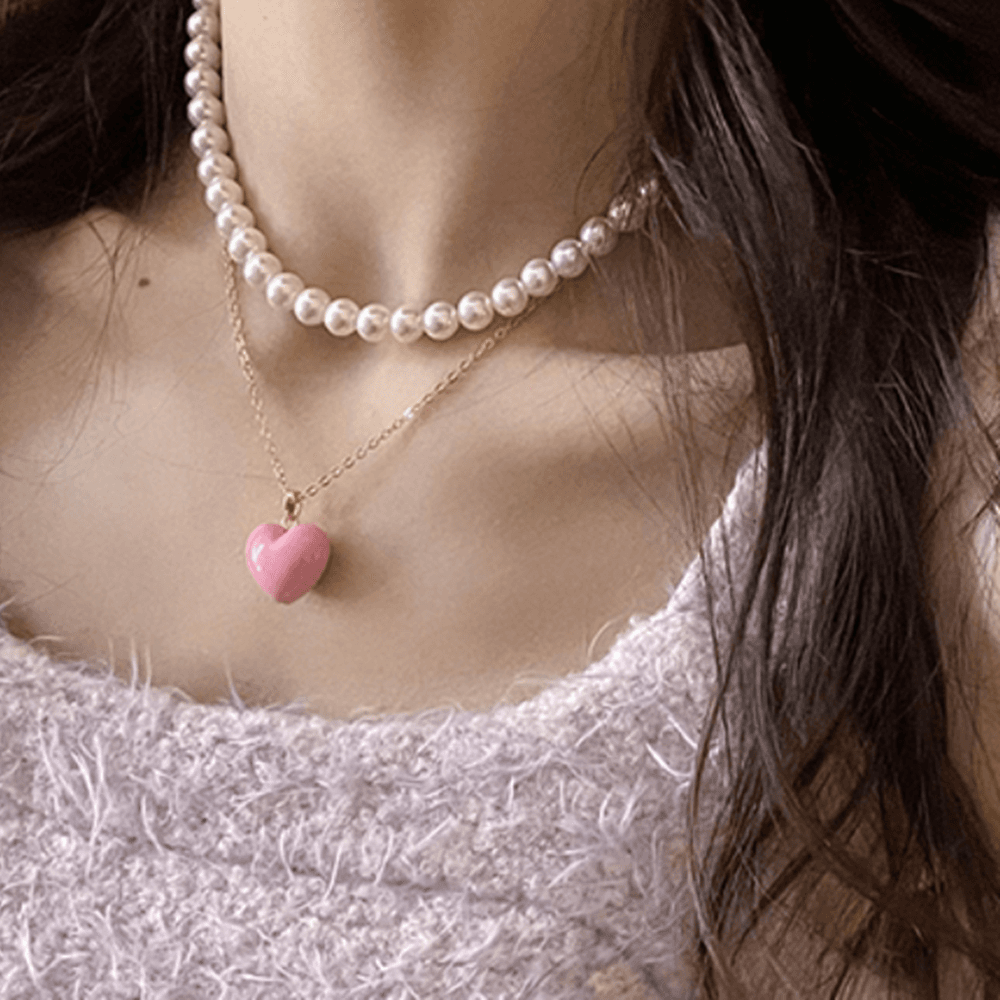 クリーミー ハート ピンク 紫 デイリーネックレス / IU テヨン チャン・ウォニョン 女子アイドル ファッション アクセサリー