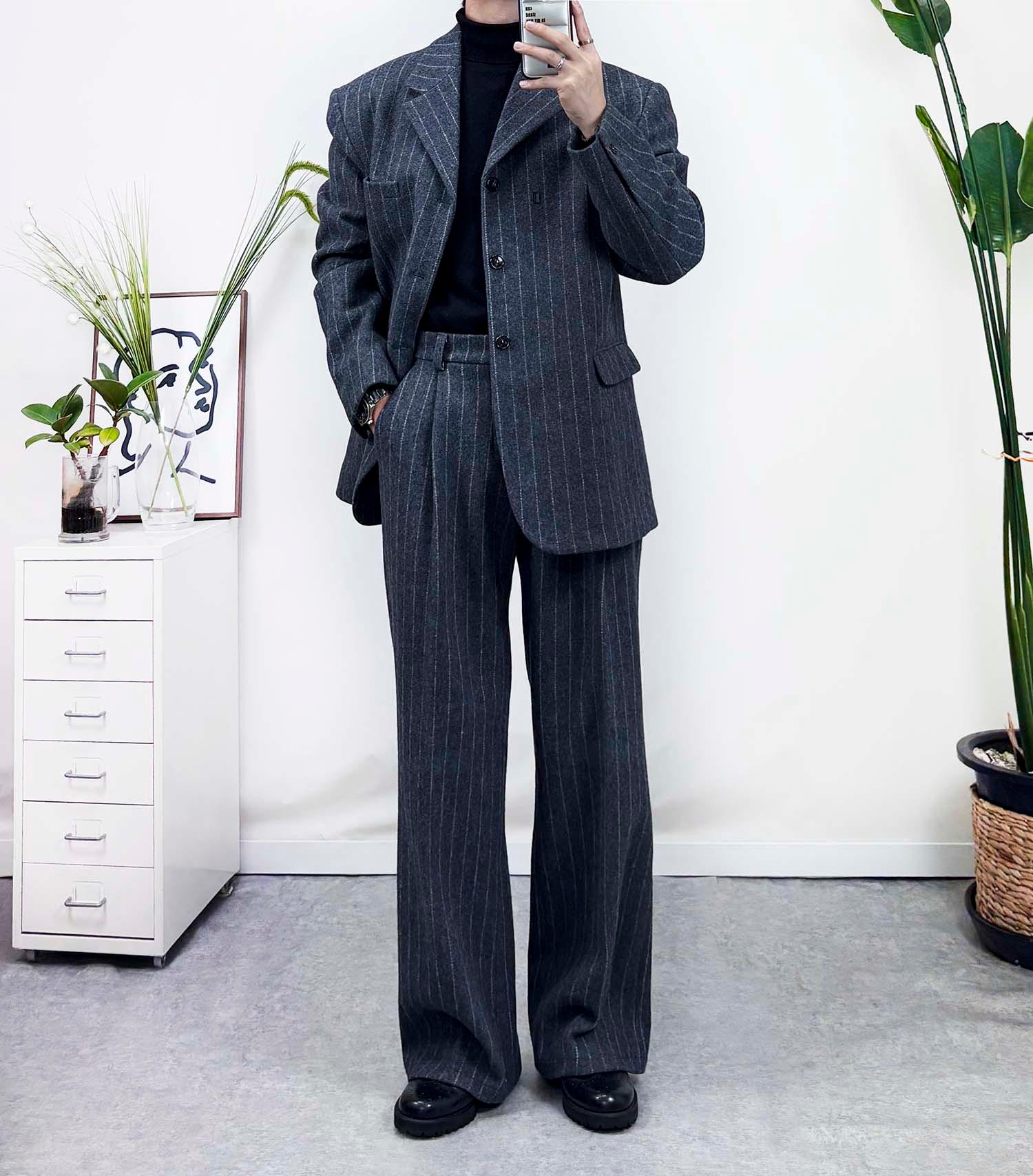 メンズ 冬 スーツ セット セミオーバーフィット 結婚式ゲストルック パーティールック ウール ストライプ セットアップ スーツ