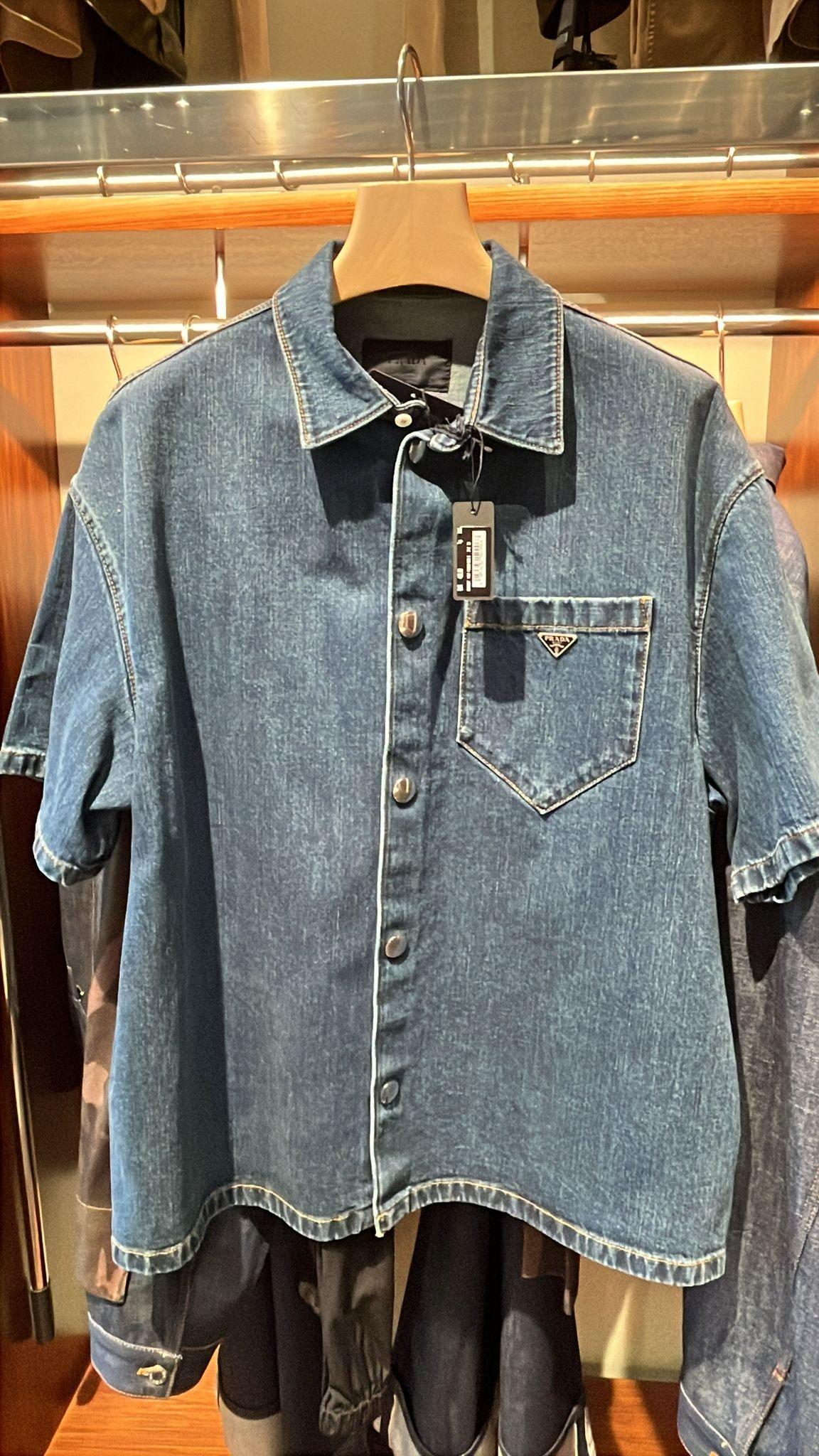 PRADA メンズ 三角ロゴ デニム コットン カラー オーバーフィット 半袖シャツ BLEU GEC067 14EF