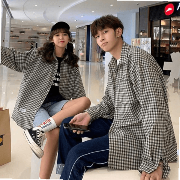 男女兼用 季節の変わり目 春 デートルック チェック シャツ コーディネート