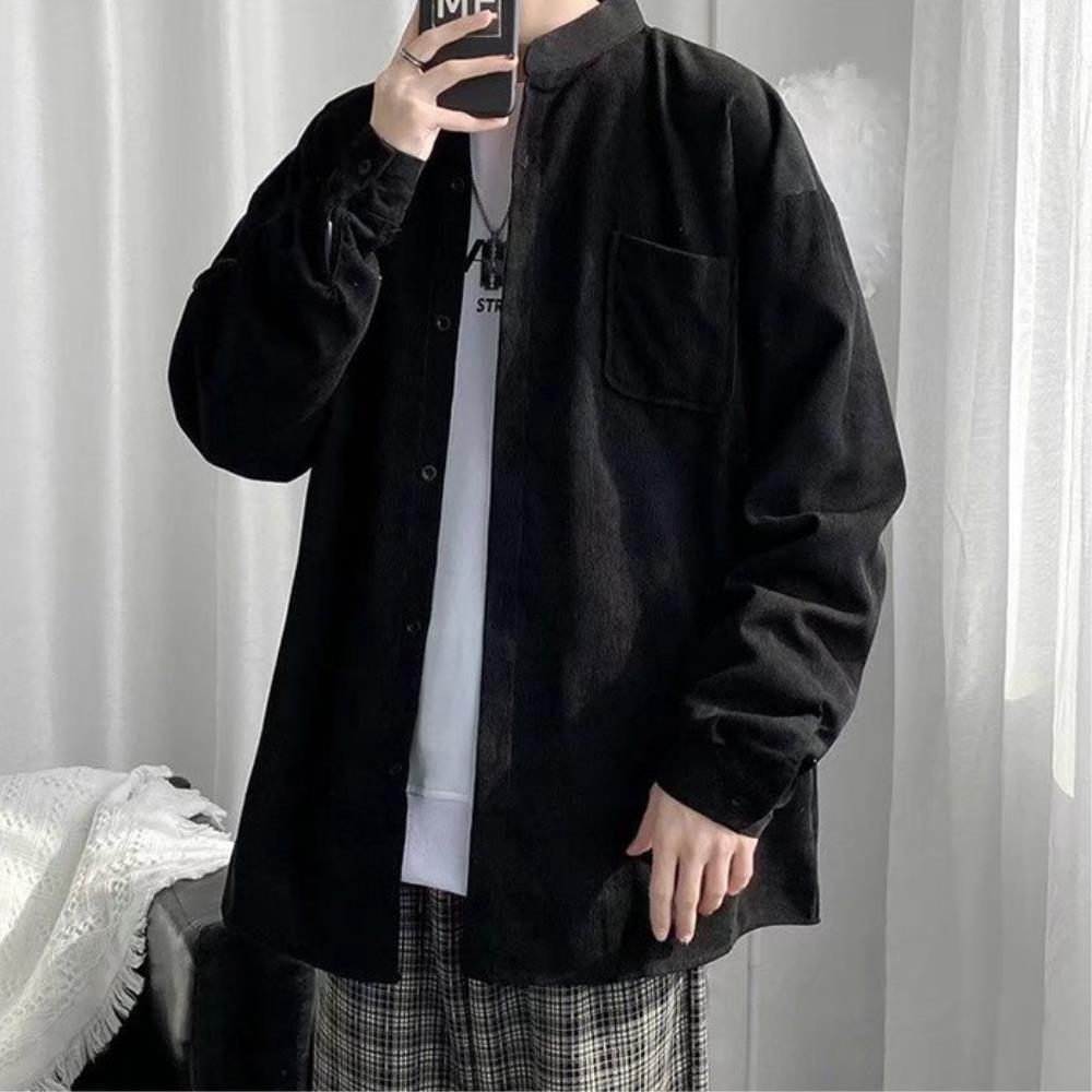 メンズ オーバーフィット ベーシック コーデュロイ ヘンリーネック シャツジャケット スクールルック 男子学生 メンズシャツ デートルック 旅行用