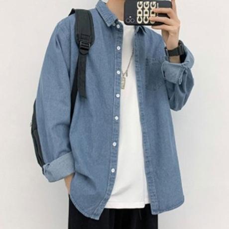 男女兼用 デニム シャツ デートルック カジュアル スラックス コーディネート ライトブルー - L