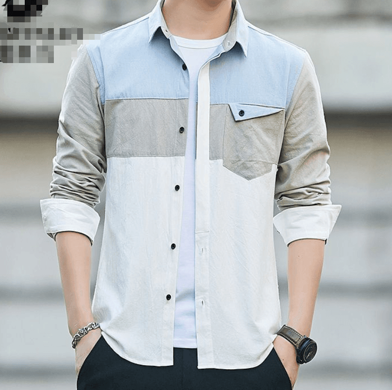 メンズ 3色配色 春 長袖シャツ カジュアル デートルック 単品コーデ お出かけ 外出着