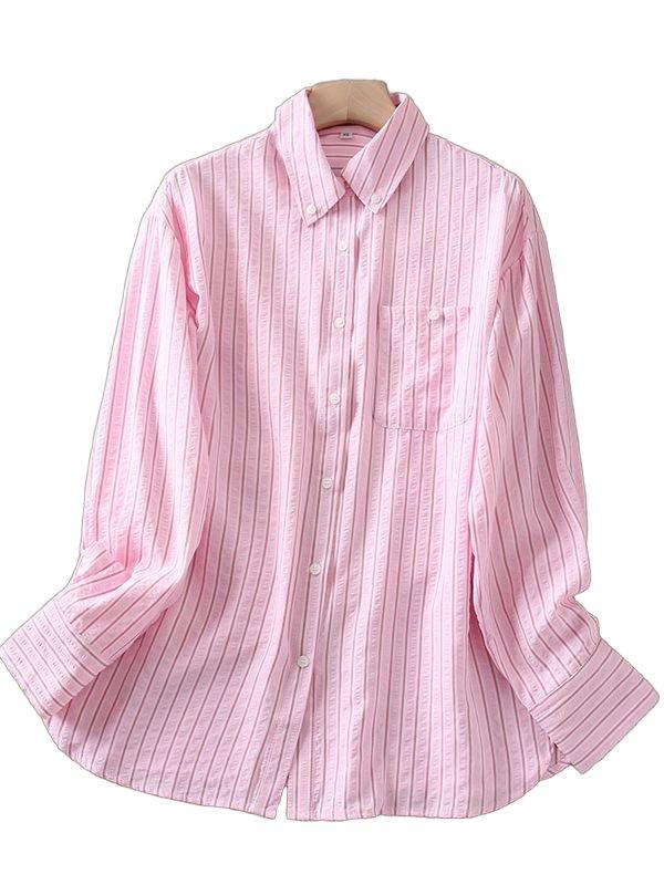 シャツ オーバーフィット メンズ 男性 カジュアル 純綿 デートルック ピンク ストライプ シャツ