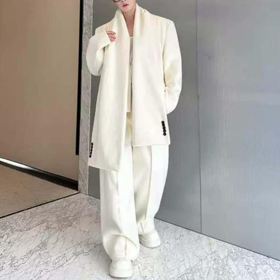 ウールジャケット ワイドパンツセット ノーカラージャケット ウール混 スタイルデザイン 高級メンズ カジュアルスーツ デート 彼氏ルック