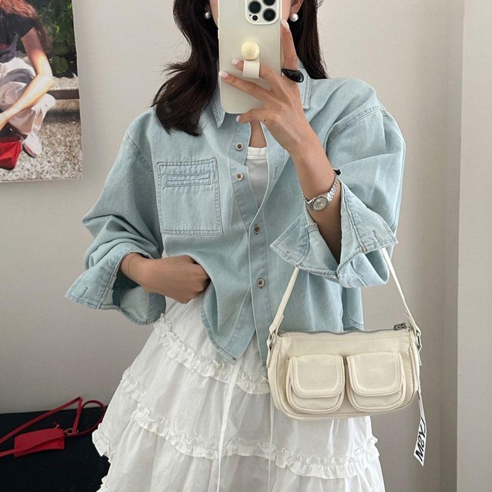 シャツ 長袖 メンズ デイリールック カジュアル デート カラースタンドネック ライトインディゴ クロップド