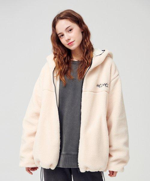 [모즈모즈] シグネチャー 刺繍 フリース フーディー ジップアップ アイボリー mozm002