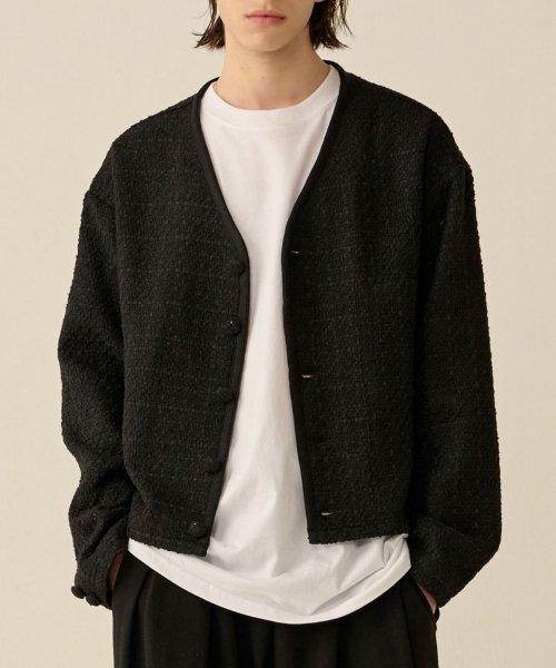 [테이크이지] ツイード Vネック クロップジャケット (ブラック) T22JP101-BK